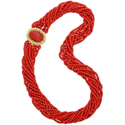 Lot 281 - Twelve Strand Coral Bead Necklace with Gold and Coral Clasp