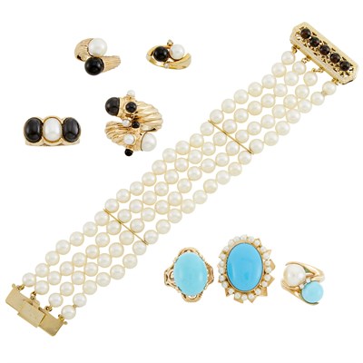 Lot 155 - Four Strand Cultured Pearl Bracelet with Gold and Black Onyx Clasp and Seven Cultured Pearl, Turquoise, Blue Stone and Black Onyx Rings