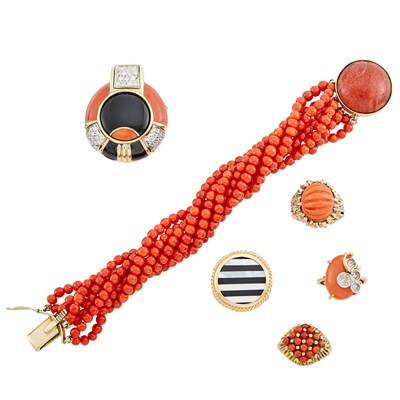 Lot 149 - Gold, Onyx, Coral, Enamel and Diamond Pendant-Brooch, Four Rings and     Multistrand Coral Bead and Hardstone Bracelet