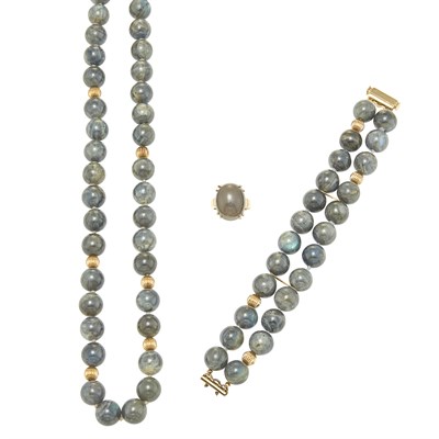 Lot 77 - Labradorite Bead Necklace, Double Strand Bracelet and Ring