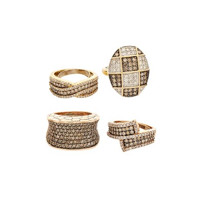 Lot 391 - Four Yellow and Rose Gold, Brown Diamond and Diamond Rings