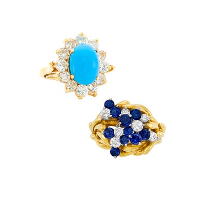 Lot 301 - Gold, Diamond and Sapphire Cluster Ring and Blue Stone and Diamond Ring