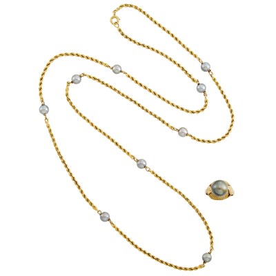 Lot 158 - Gold and Gray Cultured Pearl Necklace and Ring