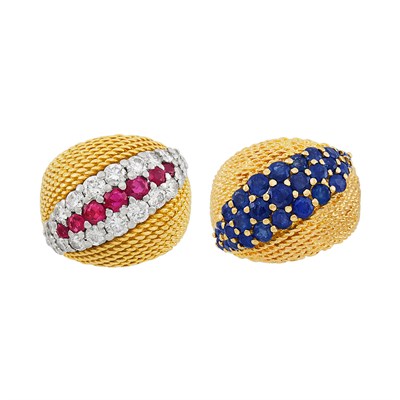 Lot 202 - Gold, Ruby and Diamond Ring and Sapphire Bombé Ring