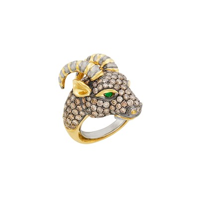 Lot 68 - Tricolor Gold, Brown Diamond and Tsavorite Garnet Ram's Head Ring