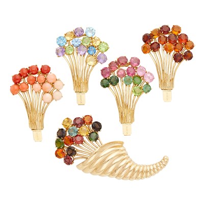 Lot 252 - Gold, Multicolored Stone and Coral Cornucopia Brooch and Four Clasps