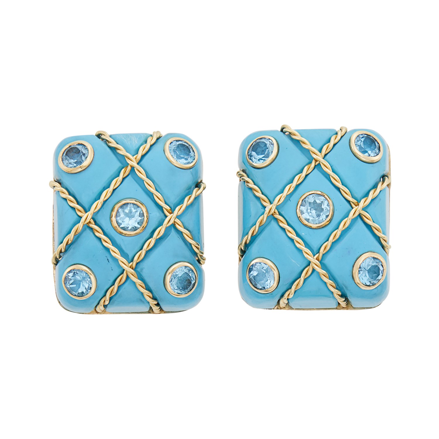Lot 378 - Pair of Gold, Composite Turquoise and Blue Topaz Earclips