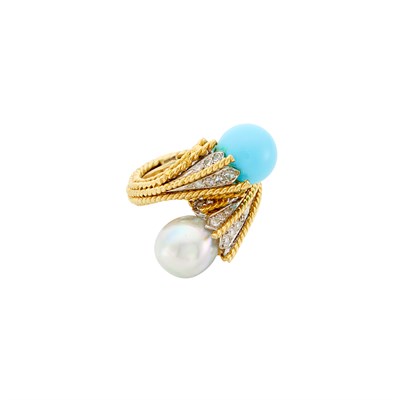 Lot 371 - Gold, Reconstituted Turquoise, Semi-Baroque Cultured Pearl and Diamond Bypass Ring