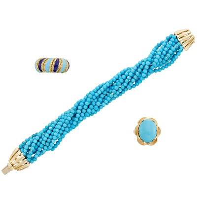 Lot 374 - Multistrand Turquoise Bead Bracelet, Composite Turquoise Ring and Enamel Bombé Ring