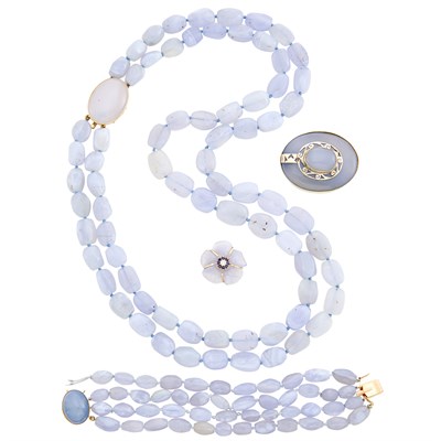 Lot 266 - Group of Blue Chalcedony and Gold Jewelry