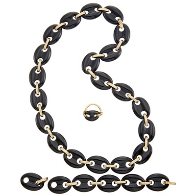 Lot 111 - Gold and Black Onyx Link Necklace, Bracelet and Ring