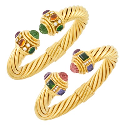 Lot 12 - Pair of Gold, Fluted Pink and Green Tourmaline and Cabochon Gem-Set and Diamond Bangle Bracelets