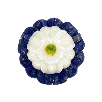 Lot 702 - Carved Lapis and Mother-of-Pearl, Gold and Cabochon Peridot Flower Clip-Brooch