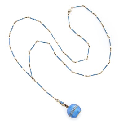Lot 1186 - Antique Silver and Blue Enamel Ball Pendant-Watch Necklace