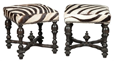 Lot 496 - Pair of Zebra Skin Covered Ebonized Stools...