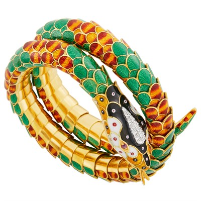 Lot 257 - Coiled Gold, Multicolored Enamel and Diamond Serpent Bracelet