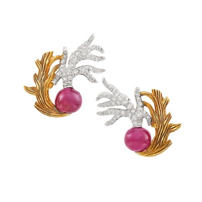 Lot 408 - Pair of Gold, Platinum, Ruby Bead and Diamond Earclips, Paul Flato