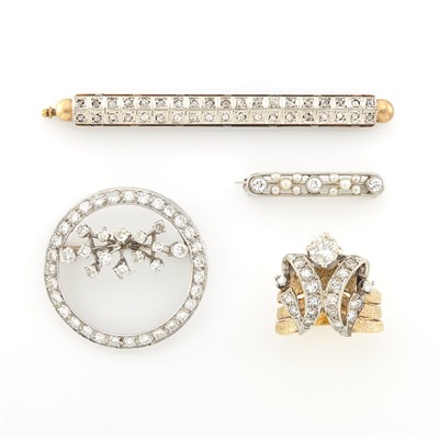 Lot 2027 - Three Platinum, Yellow and White Gold and Diamond Pins and Ring