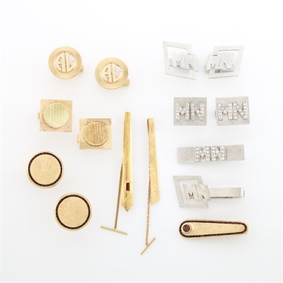 Lot 1378 - Group of Yellow and White Gold, Diamond and Gem-Set Cufflinks and Tie Bars