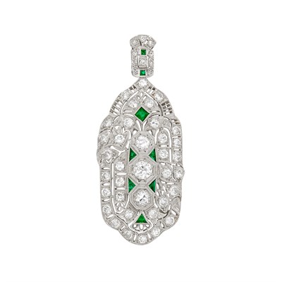 Lot 528 - Platinum, Diamond and Simulated Emerald Pendant-Brooch