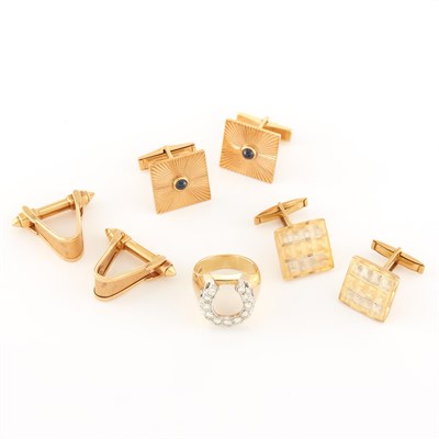 Lot 1794 - Gold and Diamond Horseshoe Ring and Three Pairs of Cufflinks