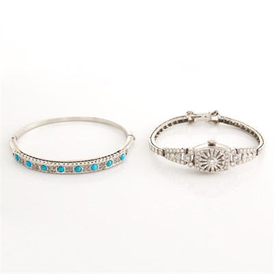 Lot 1868 - Platinum and Diamond Wristwatch, Longines, and White Gold, Diamond and Turquoise Bracelet