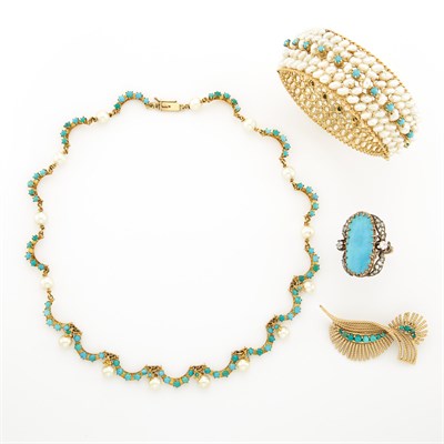 Lot 1299 - Gold, Silver, Metal, Turquoise, Cultured and Freshwater Pearl Necklace, Cuff, Ring and Pin