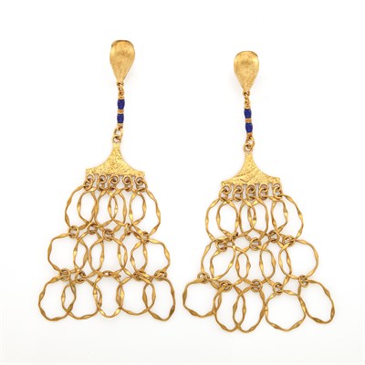 Lot 2048 - Pair of Gold and Blue Enamel Pendant-Earclips