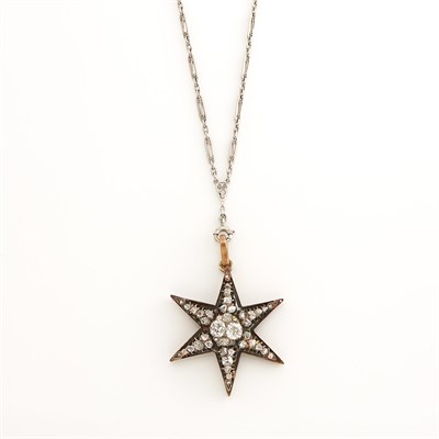 Lot 1891 - Antique Silver and Diamond Star Pendant with Platinum Chain Necklace
