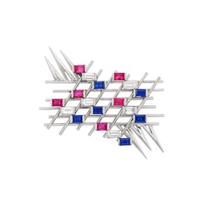 Lot 1280 - White Gold, Diamond, Ruby and Sapphire Brooch