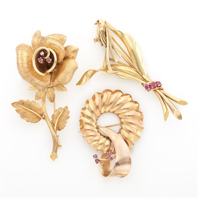 Lot 2075 - Three Yellow and Rose Gold, Ruby and Diamond Brooches