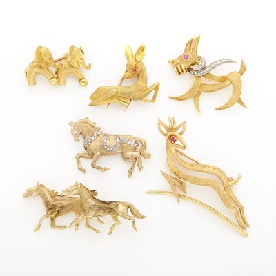Lot 2077 - Six Gold and Diamond Animal Pins