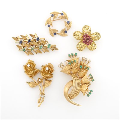 Lot 1427 - Five Gold, Gem-Set and Diamond Brooches