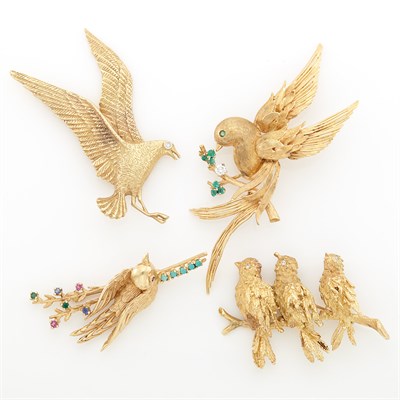 Lot 2073 - Four Gold, Gem-Set and Diamond Bird Pins