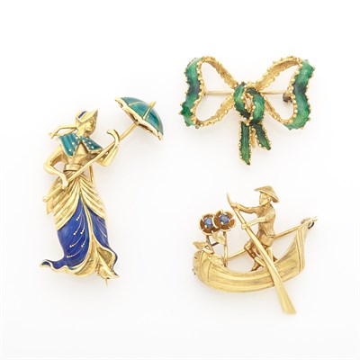 Lot 2056 - Three Gold, Blue and Green Enamel and Sapphire Pins