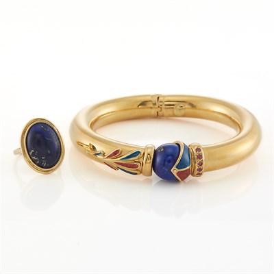 Lot 1643 - Gold, Enamel and Ruby Bangle Bracelet and Ring