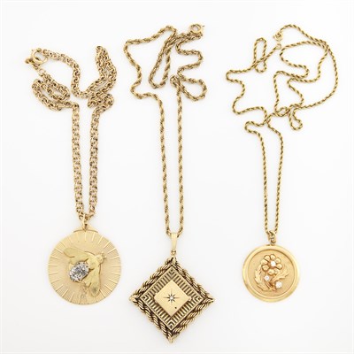 Lot 1854 - Three Gold and Diamond Pendants with Chain Necklaces