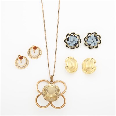 Lot 1414 - Gold, Gold-Filled and Citrine Pendant with Chain Necklace and Three Pairs of Earrings
