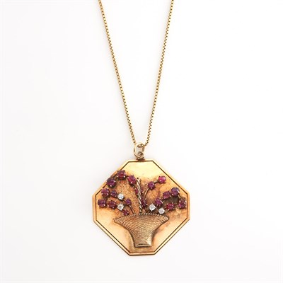 Lot 2072 - Gold, Cabochon Ruby and Diamond Flower Basket Pendant with Chain Necklace