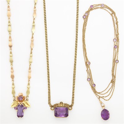 Lot 1343 - Three Yellow and Rose Gold, and Amethyst Necklaces