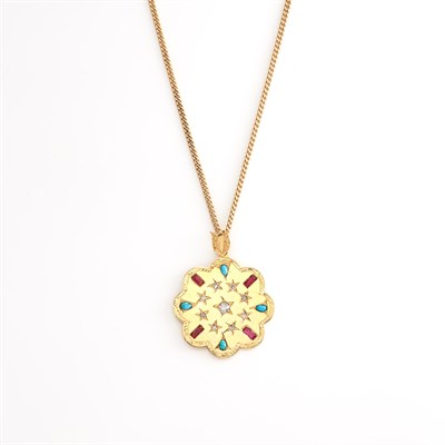 Lot 2017 - Gold, Diamond, Turquoise and Synthetic Ruby Pendant with Chain Necklace