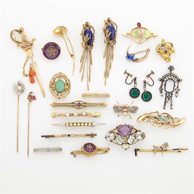 Lot 1313 - Group of Platinum, Gold, Gold-Filled, Silver, Metal and Colored Stone Pins