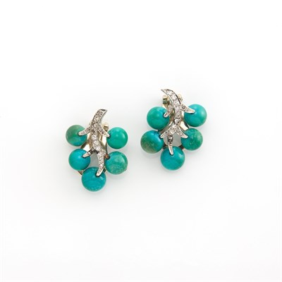 Lot 1853 - Pair of White Gold, Metal, Diamond and Turquoise Earclips