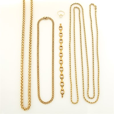 Lot 1580 - Two Gold Chain Necklaces, Link Bracelet, Moonstone Ring and Long Gold-Filled Chain Necklace