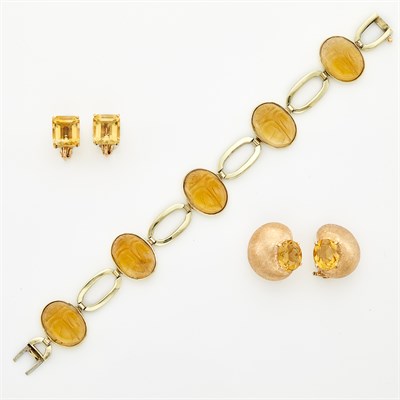 Lot 1099 - Gold and Citrine Scarab Bracelet, Cartier, and Two Pairs of Gold and Citrine Earclips