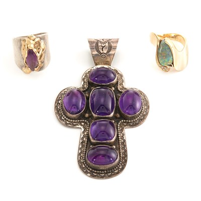 Lot 1885 - Gold, Silver and Gem-Set Cross Pendant and Two Rings