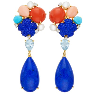 Lot 288 - Pair of Gold, Lapis, Coral, Turquoise, Aquamarine, Freshwater Pearl and Diamond Pendant-Earrings