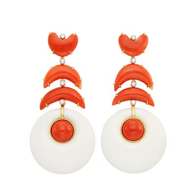 Lot 696 - Pair of Gold, Coral, White Agate and Diamond Pendant-Earclips