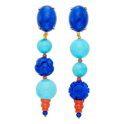 Lot 284 - Pair of Gold, Lapis, Turquoise, and Coral Pendant-Earclips