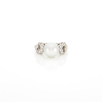 Lot 1225 - White Gold, Cultured Pearl and Diamond Ring
